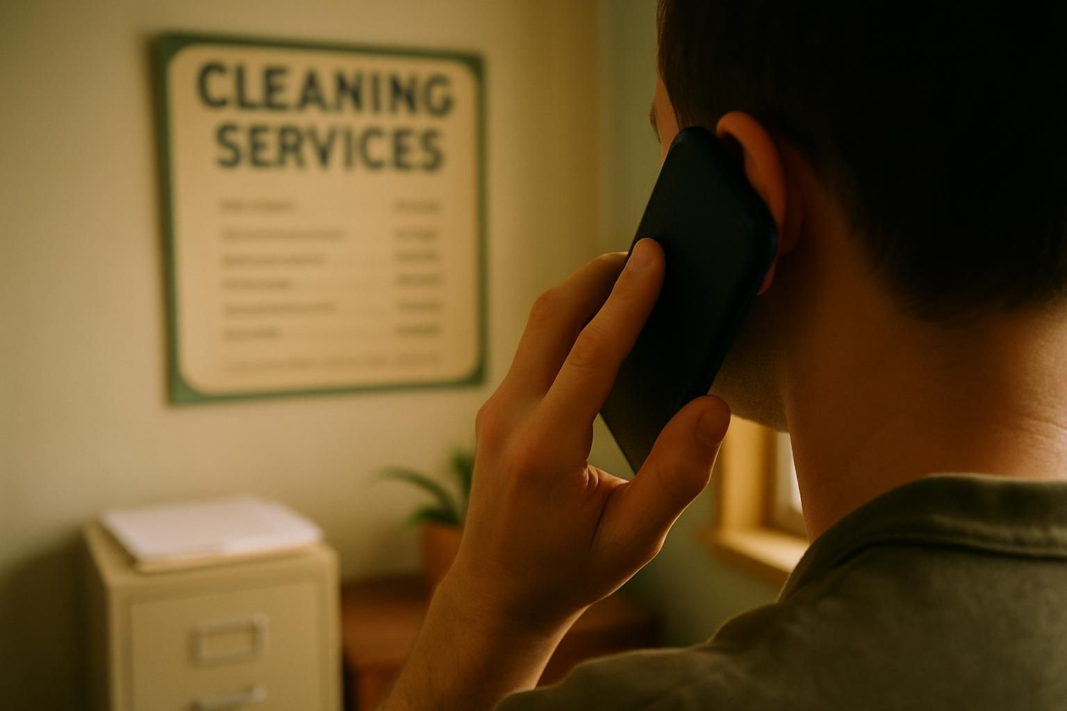 Office phone call at a small cleaning company, price sheet on the wall